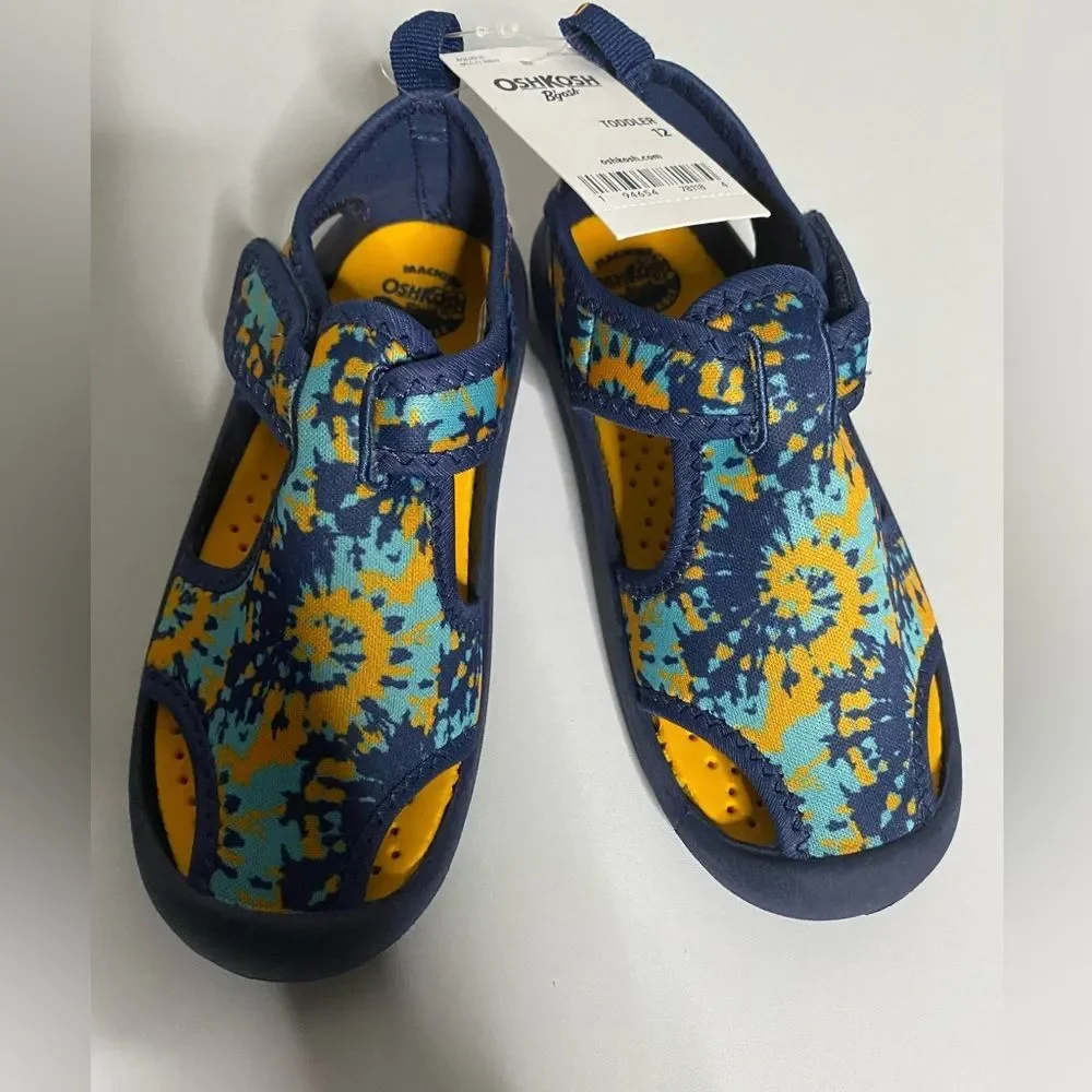 NWT OshKosh B’gosh Toddler Boy Blue Yellow Tie Dye Cutout Water Shoes Size 12